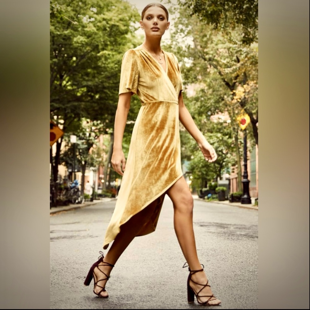 Golden Yellow Velvet High-Low Wrap Dress